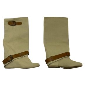 ALDO| NWOT Tan Burlap/Linen hidden wedge,wide calf, with camel belt detail SZ 37